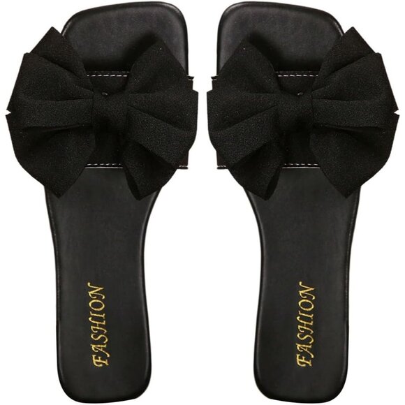 Women's Bow Black Square Toe Flat Summer Sandals Slides Slip On Shoes - Picture 7 of 7